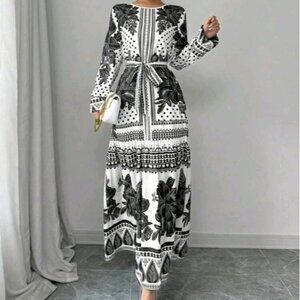 Standard Size Women's Retro A-Line Waist Belt Fitted Crew Neck Slimming Dress